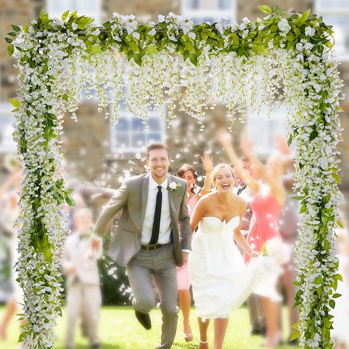 Lvydec Wisteria Artificial Flowers Garland, 4Pcs Total 28.8ft White Artificial Wisteria Vine Silk Hanging Flower for Home Garden Outdoor Ceremony Wedding Arch Floral Decor