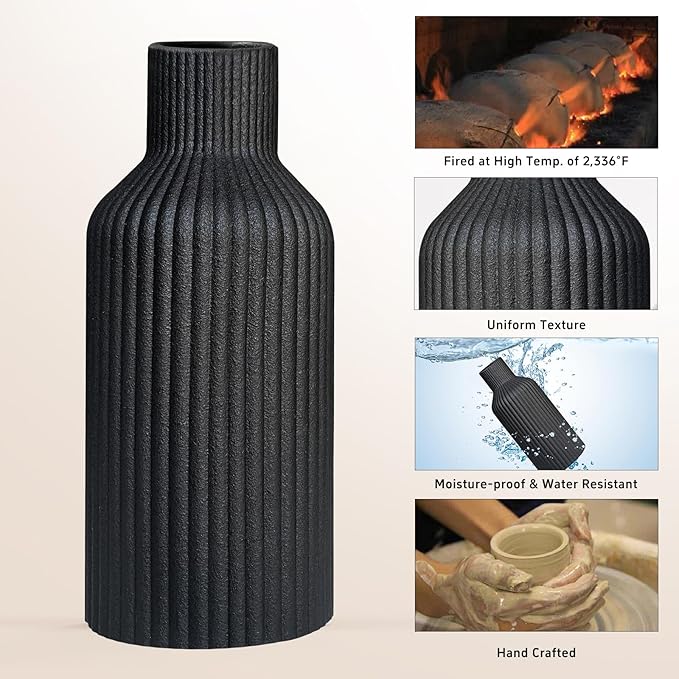 Ceramic Flower Vase, Minimalist Modern Home Decor, Matte Finish Pampas Grass Vase for Table, Fireplace, Shelf, Mantel, Entryway and Centerpieces (Black)