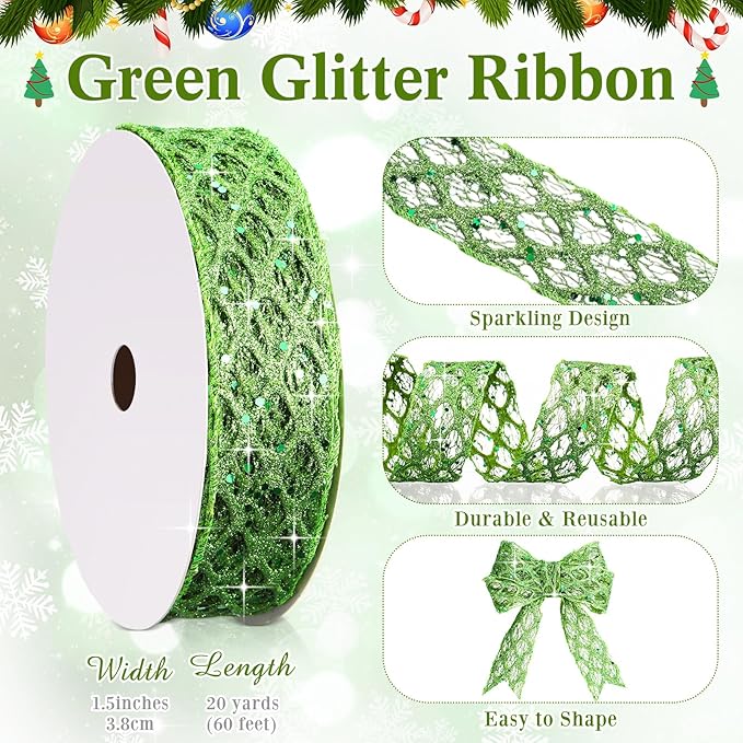 Geosar 20 Yards Green Glitter Mesh Wired Ribbon for Christmas Tree Decorations, Gift Wrapping, DIY Craft, Xmas Wreaths, Cabinet Decor (1.5 Inch)