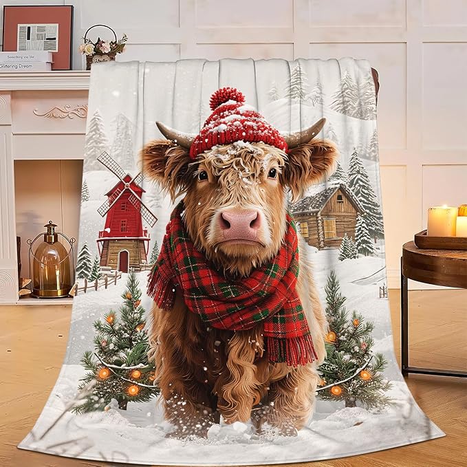 Highland Cow Blanket Christmas Cattle Throw Blanket Winter Snow Soft Cozy Fleece Fuzzy Stuffed Plush Farm Animal Flannel Gifts for Girls Women Boys Kids Adults 50"X60"