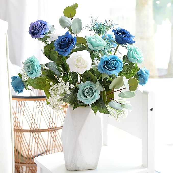 FiveSeasonStuff Artificial Blue and White Rose Bridal Bouquet – Real Touch Wedding Flowers with Eucalyptus, Baby’s Breath & Thistles – DIY Floral Kit for Ceremony, Centerpiece, Home Decor
