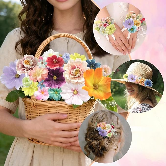 180Pcs Mini Fake Flower Heads Multicolor Small Silk Faux Flower Heads Artificial Rose Daisy Flowers Bulk for Cake Crafts DIY Graduation Cap Wedding Hair Dresses Wreath Party Home Decor