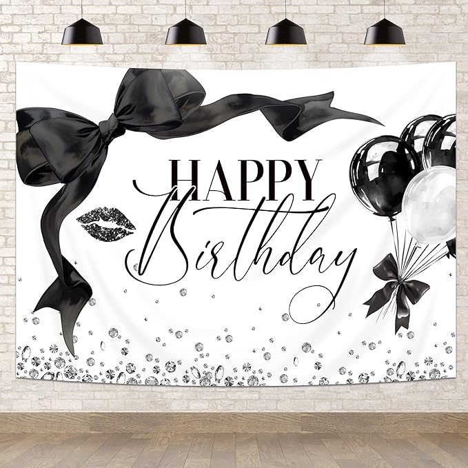 Black Bow Happy Birthday Banner Backdrop 5Wx3H Photography Girls Coquette Birthday Decorations Black White Bowknot Balloons Background Women Party Decorations Photo Booth Props Supplies