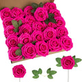 Artificial Flower Foam Rose 25pcs Real Looking Fake Rose with Stems Leaves for Home Decoration Party Garden Centerpieces DIY Wedding Bouquets（Hot Pink）