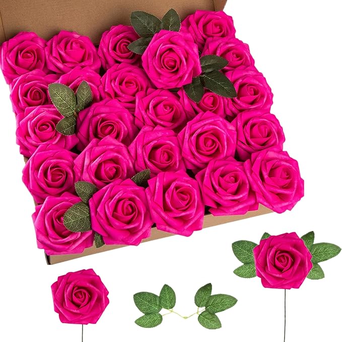 Hot Pink Foam Rose 50pcs Real Looking Fake Purple Rose with Stems Leaves for Home Decoration Party Garden Centerpieces DIY Wedding Bouquets（Hot Pink&Purple）