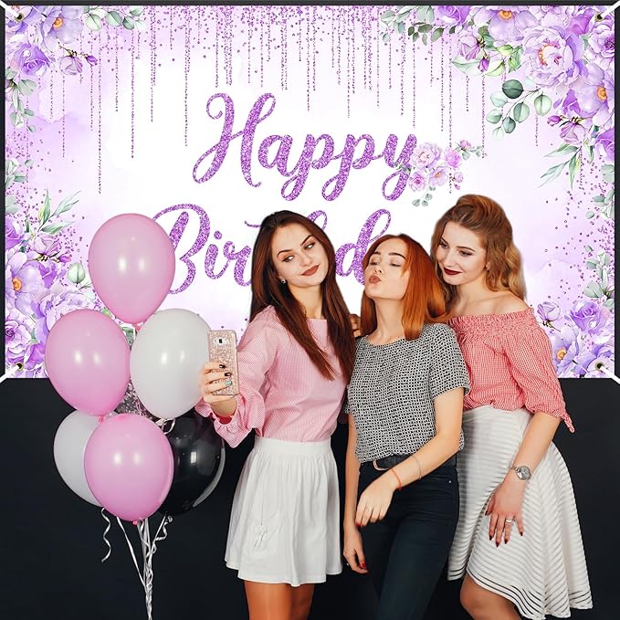 Avezano Happy Birthday Backdrop Banner for Girls Women Happy Birthday Party Decorations Floral Glitters Bday Banner Party Supplies (Purple, 6x3.6ft)