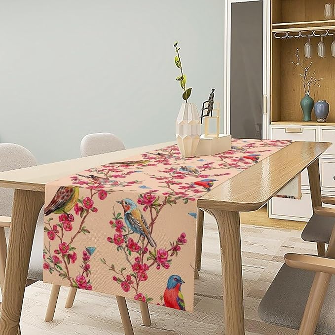 Floral Butterfly Table Runner Seasonal Spring Flower Bird Table Decoration Table Runner for Home Party Decoration 13x90 Inch