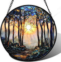 Stained Glass Window Hanging, Forest Sunrise Smoke Blue Brown Tree Suncatcher for Doors Window Home Landscape Sun Catchers Decor Mother's Day Birthday Gifts for Women, Men Mom 7.8 in