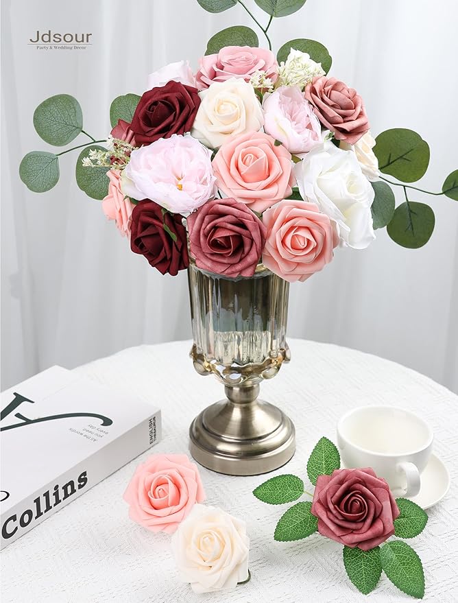 25pcs Artificial Flower，Real Looking Foam Roses w/Stem for DIY Wedding Bouquets Centerpieces Bridal Shower Party Decor-Shades of Burgundy