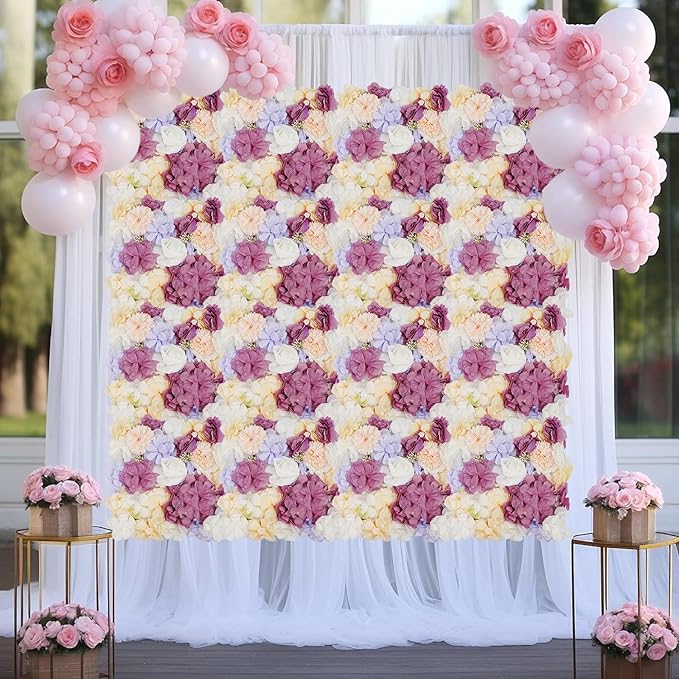 16Pcs Artificial Flower Wall Panel 3D Floral Backdrop Walls13.7 X 13.7" Purple Flower Wall Decor Panel Flower Backdrop for Party Home Background Decor