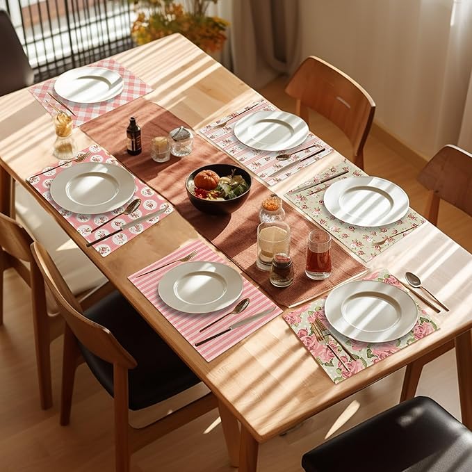 Pink Shabby Chic Floral Placemats Set of 6, Pink Rose Place Mats Washable Heat Resistant 12×18 Inch Linen Table Mats for Party Kitchen Dining, Vintage Outdoor Decor