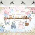 Riyidecor Gender Reveal Backdrop Polyester Fabric He or She Pink Blue What Will Baby Be Baby Shower 7Wx5H Feet Boho Watercolor Floral Flower Balloons Photography Background Newborn Photo Studio Shoot