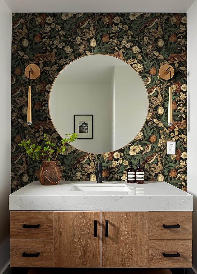 Erfoni 17.3" x197" Retro Floral and Bird Contact Paper Vintage Peel and Stick Wallpaper for Bedroom Decorative Self Adhesive Wall Paper Boho Floral Leaf Removable Wallpaper for Accent Wall Covering