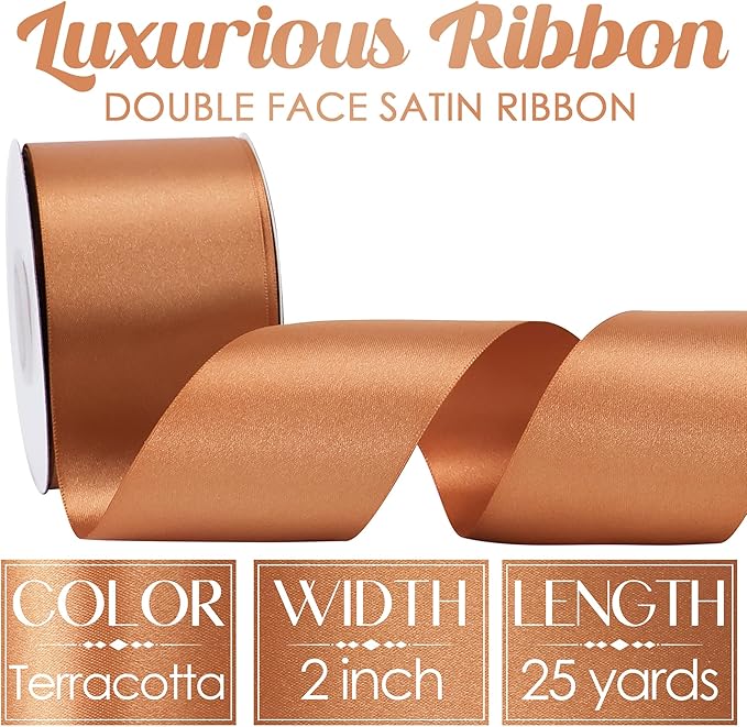 MEEDEE Terracotta Satin Ribbon - 2 Inch Double Faced Orange Ribbon by 25 Yards for Christmas, Thanksgiving, Fall, Wedding, Flower Bouquet