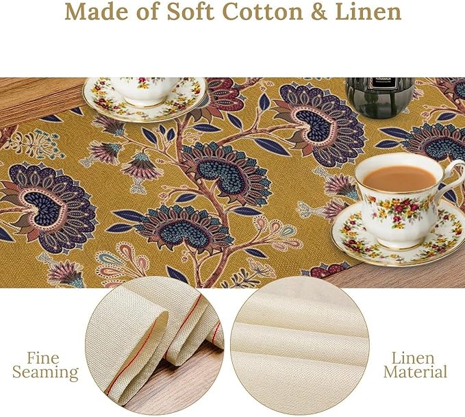 Boho Floral Table Runner, Mustard Yellow Paisley Floral Vintage Farmhouse Table Runner for Kitchen Dining Holiday Party Decor, 13x36 Inch