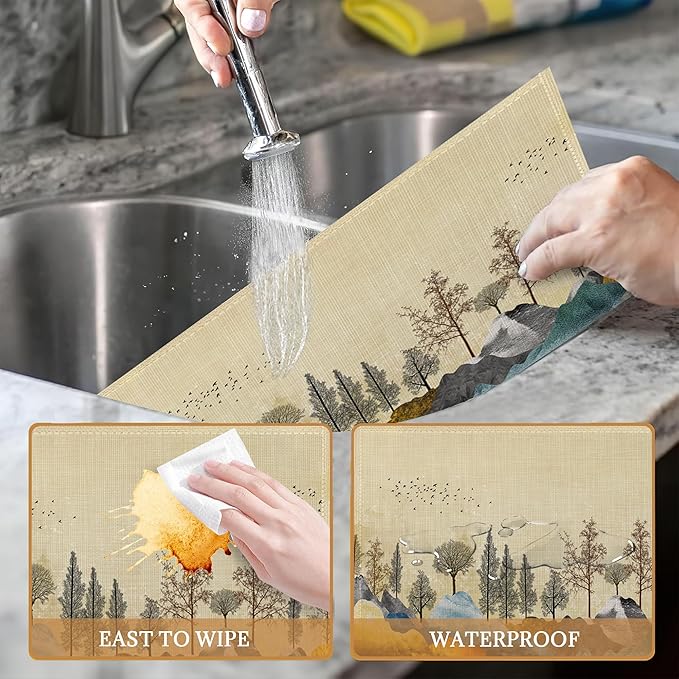 Trees with Mountains Placemats Set of 6 Washable Table Mats for Kitchen Dining Table,Heat-Resistant Place Mats for Indoor Outdoor Party Holiday Decoration（Landscape）