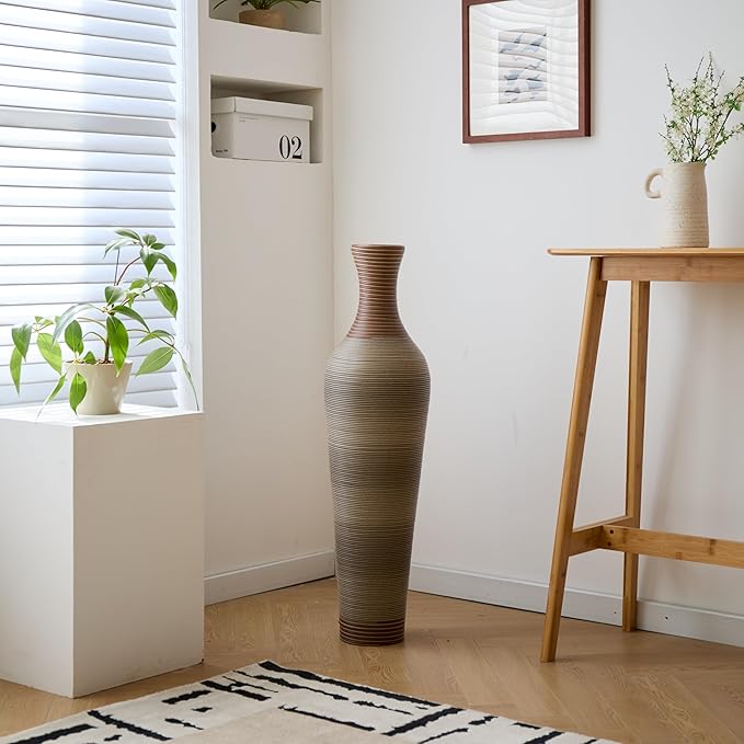 Large Hand-Woven Bamboo Floor Vase, Tall Home Decor Floor Vase for Fake Flower Dried, Flower Holder for Living Room, Bedroom, Dining Room, Entryway, Hallway