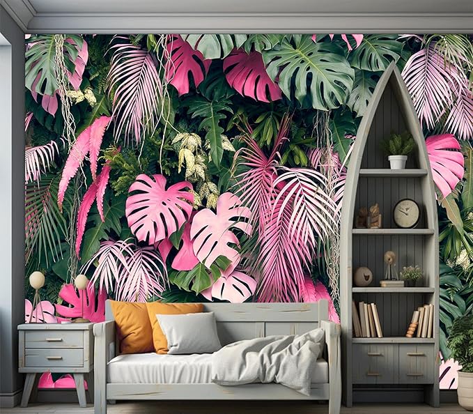 Cliouar-Leaves Green and Pink, Tropical Plants,Wall Mural Wallpaper Peel and Stick 137" x 102"
