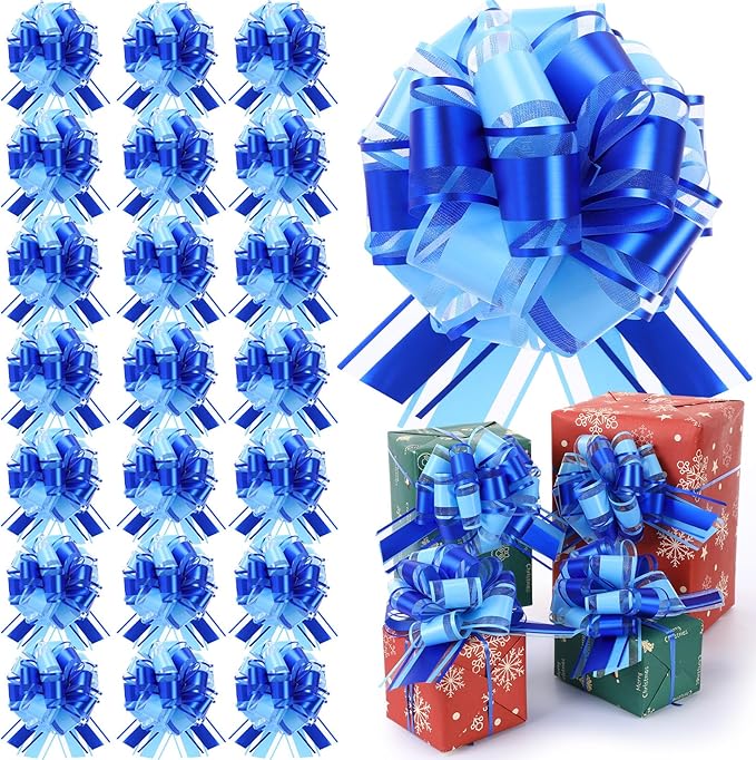 WILLBOND 20 Pieces 6 Inch Pull Bows Gift Wrapping Ribbon Pull Bows for Christmas Wedding Baskets Valentine Multicolor Wrap Accessory for Gift Present Holiday Decor(Blue Mixed Light Blue)