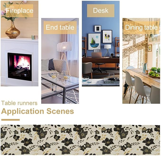 Black Gold Floral Table Runner, Mordern Minimalist Luxury Golden Floral Leaves Print Table Runner for Indoor Outdoor Home Decor Party Decor, 13x60inch