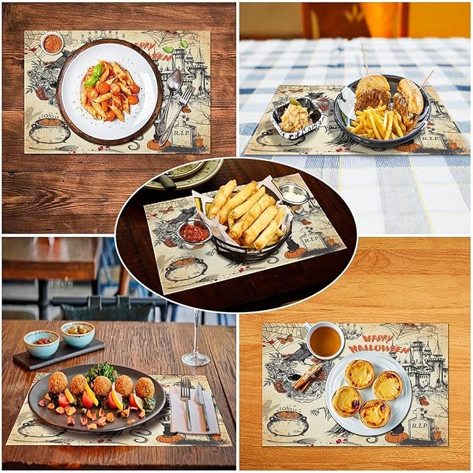 Halloween Placemats Vintage Rustic Farmhouse Gothic Dark Castle Halloween Witch Pumpkin Black Cat Raven Skull Moths Placemats Table Kitchen Dining Party 12x18 Inch Set of 4