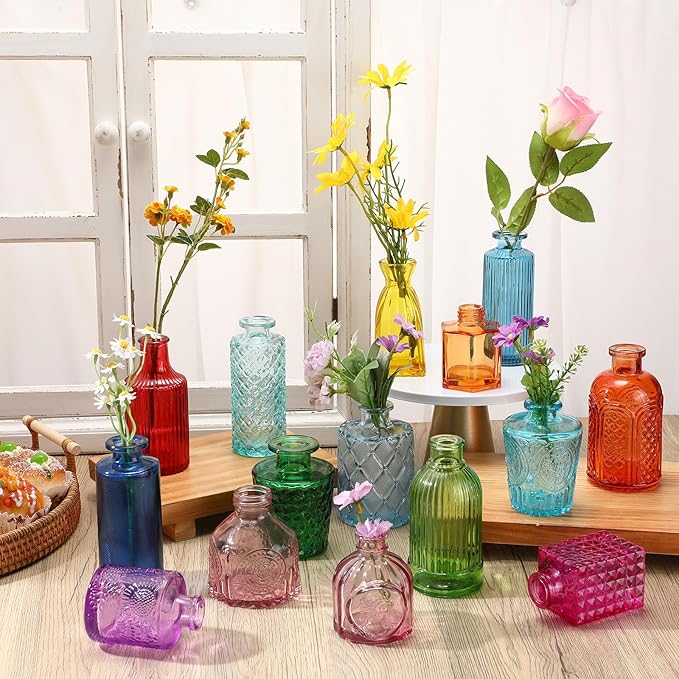 Yaomiao 30 Pcs Vases Bulk Colored Flower Glass Christmas Vases Bud Vintage Colored Glass Bottles Colorful Rustic Embossed for Home Wedding Table Decorations Gifts(Bright Color)