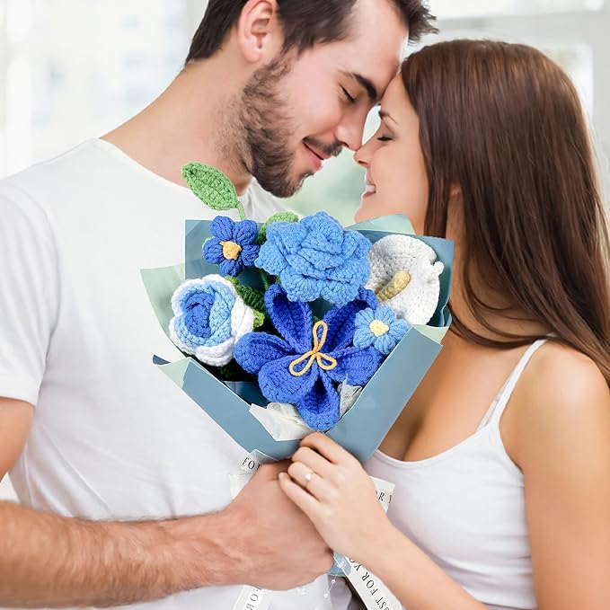 Crochet Flower Bouquet Blue Rose, Handmade Crochet Flowers Knitted Bouquet for Birthday, Wedding, Anniversary, Graduation Gift for Her, Girlfriend, Wife, Womeng (Blue)