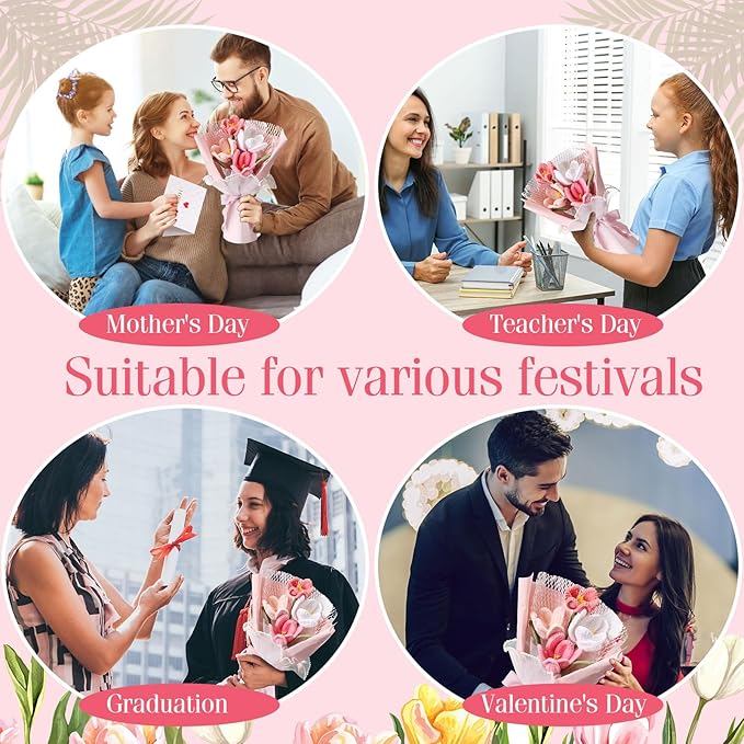 Juinte Crochet Flowers Bouquet Gift Christmas Crochet Flower Tulips Completed Handmade Knitted Bouquet with Card for Women Girlfriend Lover Appreciation Gift Birthday Wedding Teacher Decor(Pink)