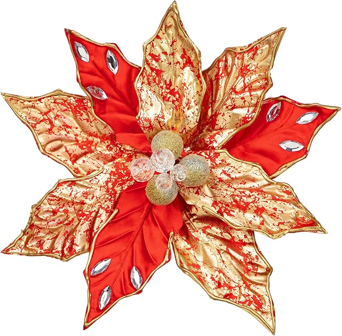 Hollyone 3PCS Poinsettia Christmas Flowers Artificial 11" Large Red and Gold Glitter Poinsettia Flowers Christmas Tree Ornaments Floral Picks for Tree Wreath Garland Vase Table Centerpiece Home Decor