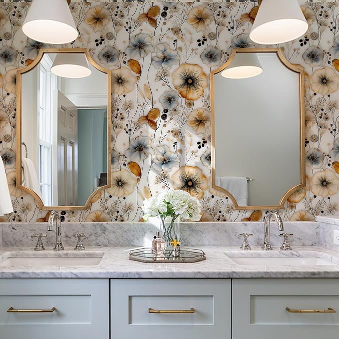 Watercolor Floral Peel and Stick Wallpaper Amber and Blue Leaf Gold Self Adhesive Removable Floral Wall Paper Renter Friendly Contact Paper for Bedroom Bathroom Walls Shelf Liner 17.71"X118.1"