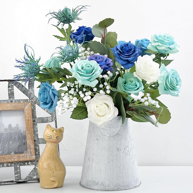 FiveSeasonStuff Artificial Blue and White Rose Bridal Bouquet – Real Touch Wedding Flowers with Eucalyptus, Baby’s Breath & Thistles – DIY Floral Kit for Ceremony, Centerpiece, Home Decor