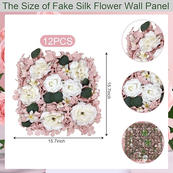 Pack of 12 Artificial Silk Flower Panels, Faux Floral Wall Background for Wedding Party Engagement Bridal Shower Arrangement Home Decorations - Dusty Pink & White