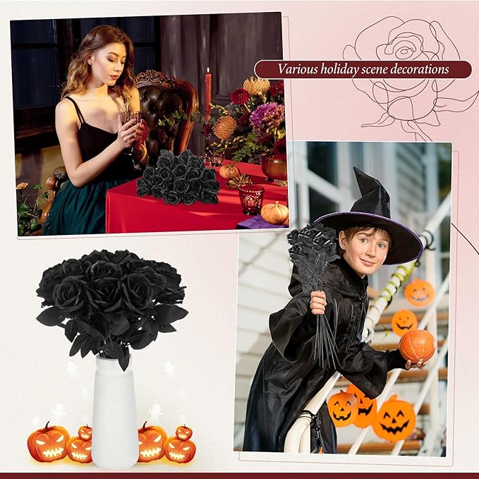 Hotop 40 Pcs Rose Artificial Flowers Bulk with Long Stem,Realistic Silk Fake Roses Bouquet for Home Wedding Centerpieces Party Table Decoration Valentines Gifts(Solid Black)