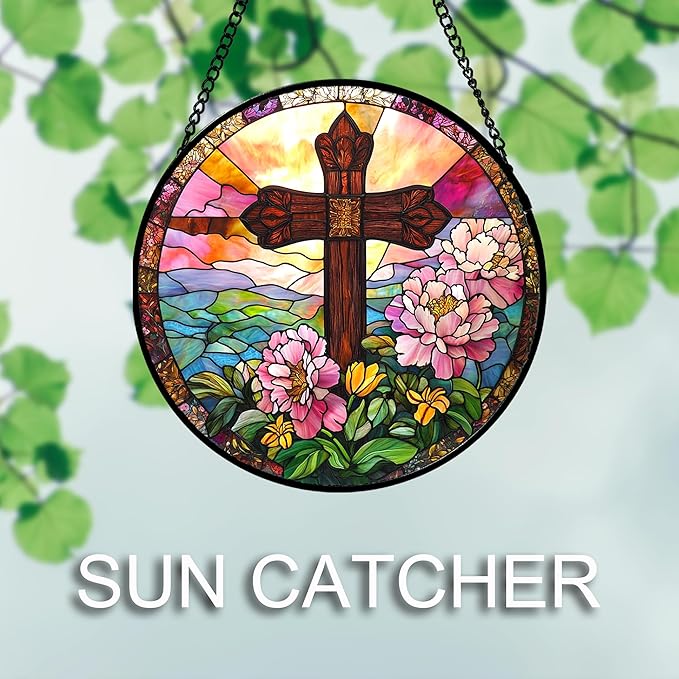 Christian Gifts for Women - Cross Stained Glass Window Hanging Jesus Easter Pink Flower Peony Sun Catcher Garden Religion Decor Mother's Day Catholic Gift for Men Grandma Mom Her Nana 15"
