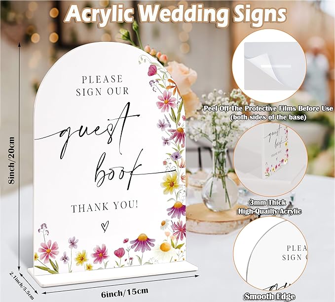 Please Sign Our Guestbook Sign for Wedding Table Decor, Wild Flower Arch Acrylic Wedding Signs for Reception, Floral Bridal Shower Engagement Party Decor for Baby In Bloom Baby Shower Decorations