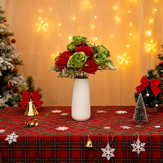 ASTRYAS Peonies Artificial Flowers, 2Pcs Fake Peony Silk Peonies for Christmas Decoration Flowers Arrangements Home Decor Wedding Party (Green & Red)