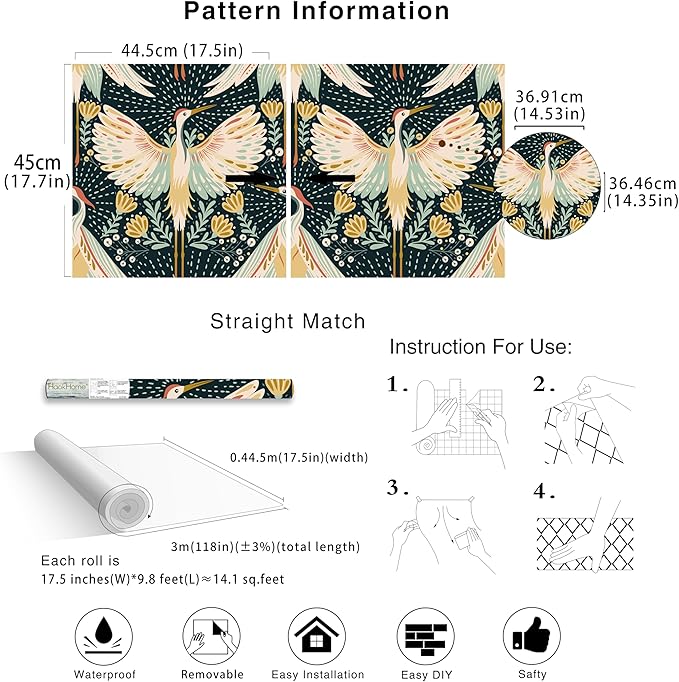 HAOKHOME Crane Wallpaper Peel and Stick Boho Floral Bird Dots Wall Paper Japanese Chinoiserie Dark Green/Beige/Yellow Accent Wall Decor 17.3in x 9.8ft