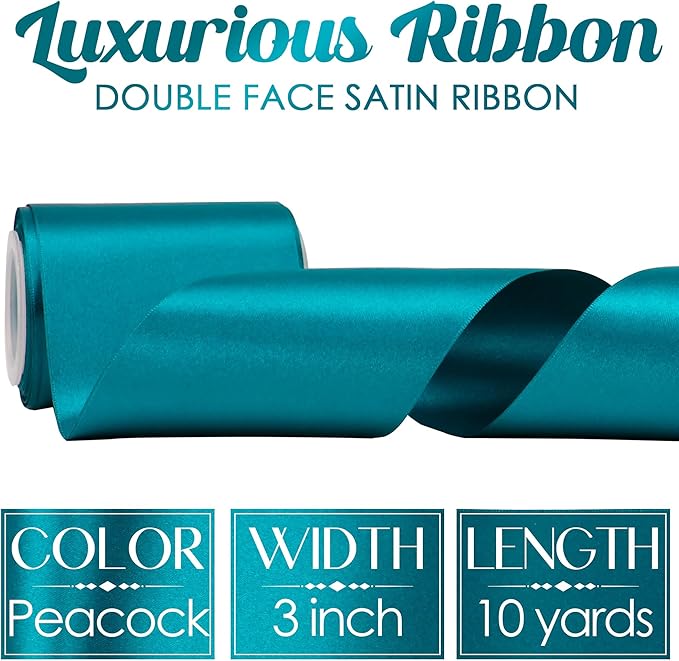 MEEDEE Peacock Satin Ribbon Lux Double Faced Satin Ribbon 3 Inch Peacock Ribbons by 10 Yards Turquoise Blue Ribbons for Christmas Tree Decoration, Weddings, Flower Bouquet, Bow Making