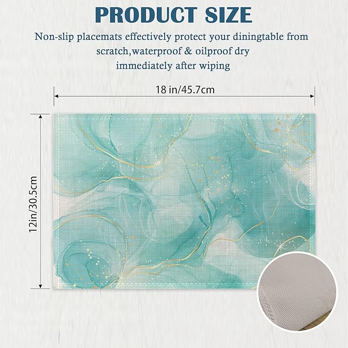 Placemats-Pastel Cyan Flowing Gold Marble Linen Table Place Mats Set of 4 Non-Slip Heat Resistant Table Mats for Dining Kitchen Cabin Decor 12x18 Inch