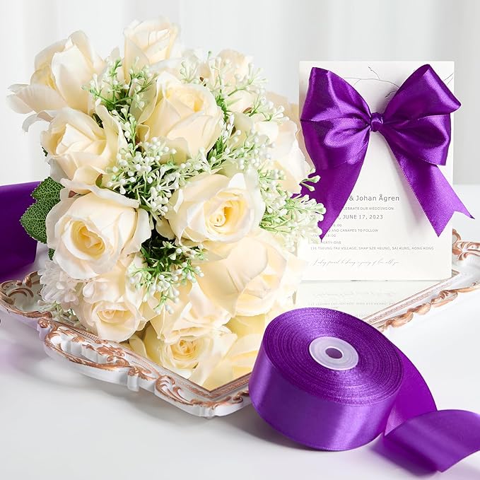 1-1/2 Inches 50 Yards Purple Satin Ribbon, Solid Fabric Ribbon Roll for Flower Bouquets, Gift Wrapping, Wedding, Handmade Crafts