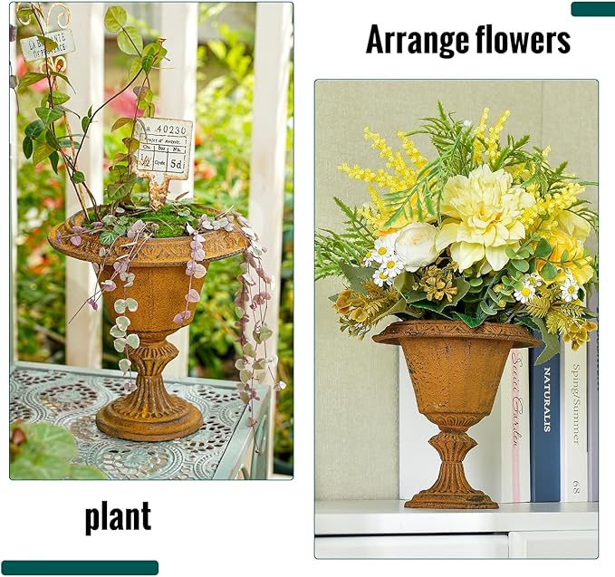 Sungmor Cast Iron Tabletop Flower Vase, Vintage Pretty French Urn Planter Design, 7" Tall 6.6" Wide Decorative Centerpieces Flower Stand Plants Holder, Artificial Flower Arrangements Home Decor