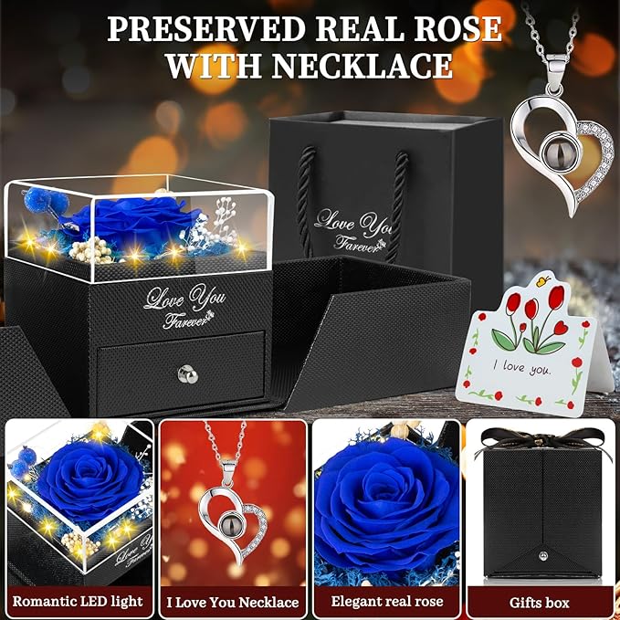 Preserved Blue Real Rose with I Love You Necklace -Eternal Flowers Rose Gifts for Mom Grandma Wife Girlfriend Gifts for Her Christmas Birthday Anniversary