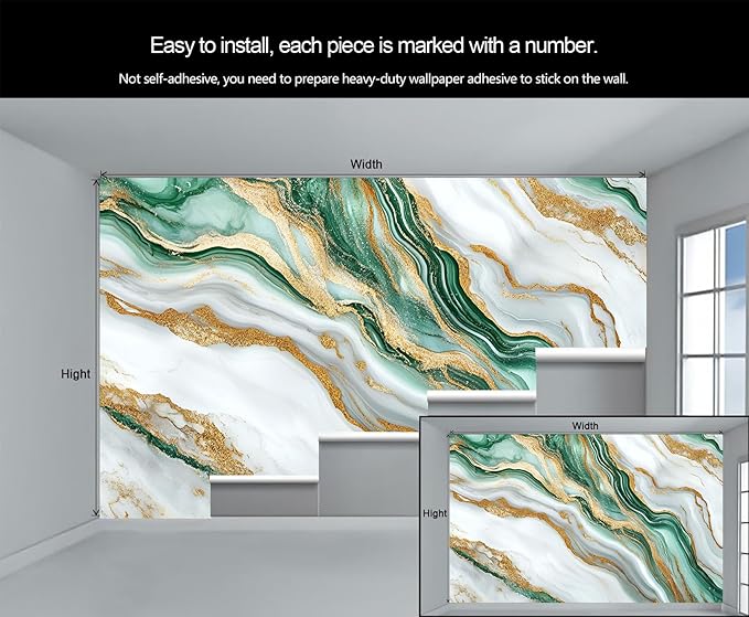 Green Gold Marble Wall Mural, Elegant Marble 3D Wall Murals, Luxury Stone Texture Wallpaper Mural, for Living Room Bedroom Large Wallpaper Indoor Decor 118" W x 82.6 "H
