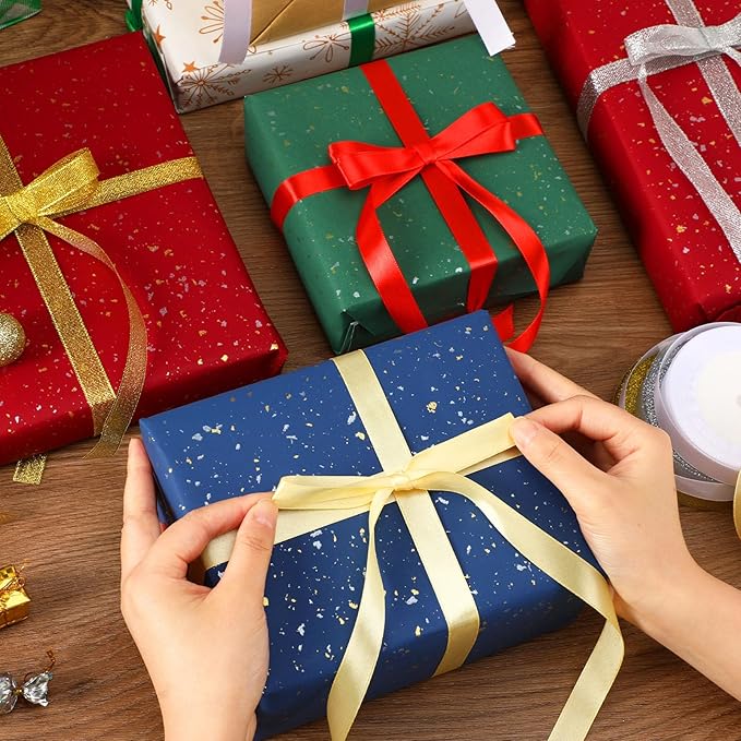 DECYOOL 4 Rolls 100 Yards Christmas Satin Ribbons 15mm Wide Holiday Craft Ribbons for Gift Wrapping and Xmas Decoration, Red & Green & Gold & White