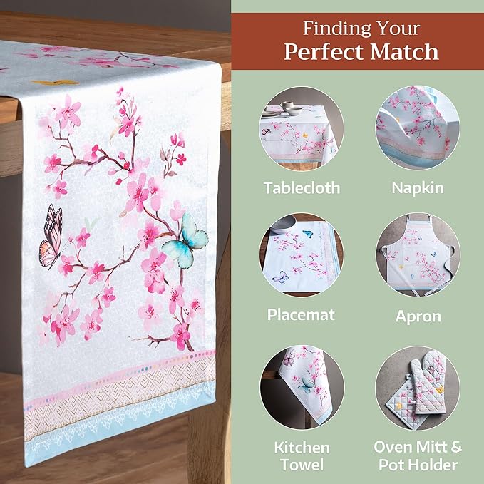 Maison d' Hermine Table Runner 100% Cotton Single Layer Table Runners 72 inches Long Decorative for Home Kitchen Dining Party Wedding Bridal Shower Spring Summer (Blossoms in Spring, 14.50" x 72")