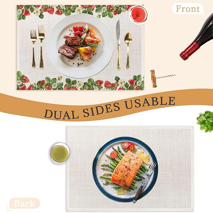Strawberry Placemats Set of 6,Washable Heat Resistant 12×18 Inch Linen Table Mats Cute Place Mats for Party Outdoor Dining Décor
