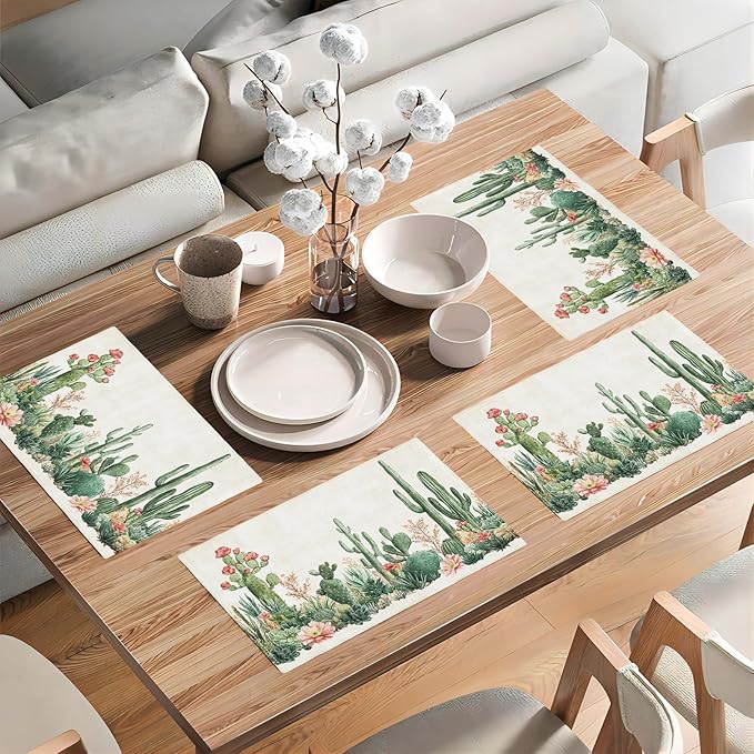 Cute Cactus Placemats Set of 4, Western Succulent Place Mats, Rustic Summer Plant Dining Table Mats, Washable Placemats for Kitchen Dining Room 18L'' × 12W''