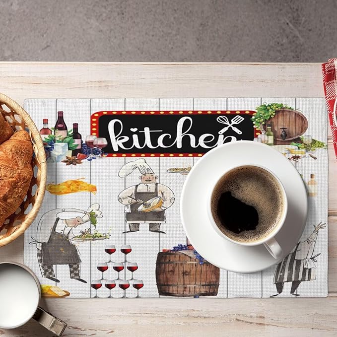 Chef Kitchen Linen Placemats Set of 4 Wine Cooking Theme Placemats for Indoor Outdoor Party Home Desktop Dining Room Decor 12x18 Inch