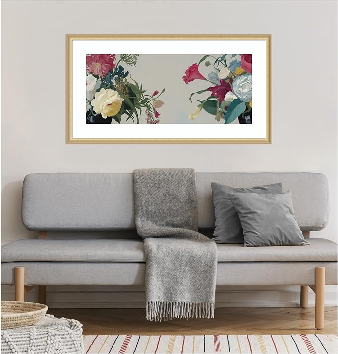 Kate and Laurel Framed Wall Art Print Romantic Blooms by Mary Sparrow, 42 x 22, Florence Gold Frame, Traditional, Flower Art for Wall Decor
