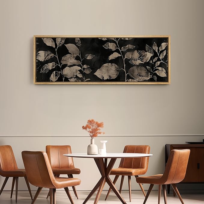 SIGNFORD Large Framed Canvas Print Wall Art Modern Noir Leaves Monochrome Botanical Shadows Illustrations Modern Art Calm Warm for Living Room, Bedroom, Office - 60"x20"